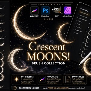 50+ Magic Crescent Moon Stamps, Procreate & Photoshop Brushes, Celestial Moon Brushes, Witchy Moon Stamp Set, Fantasy Moon Kit