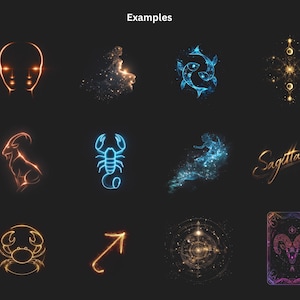 May include: A collection of neon-style zodiac illustrations on a black background. The images include a face, a nebula, two fish, a geometric design, a goat, a scorpion, a figure, the word "Sagittarius", a crab, an arrow, a circular design, and a card.