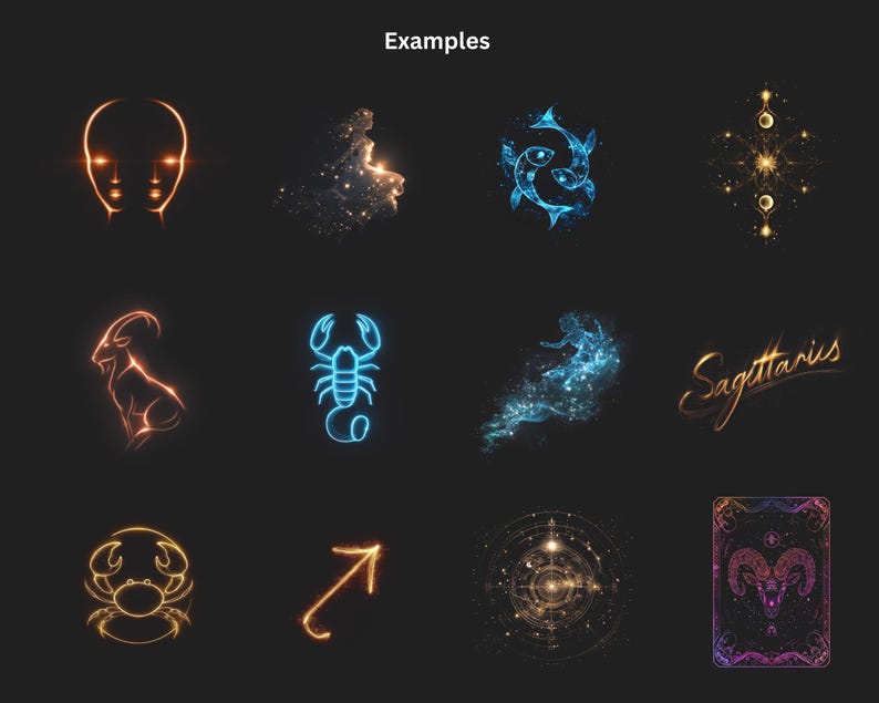 May include: A collection of neon-style zodiac illustrations on a black background. The images include a face, a nebula, two fish, a geometric design, a goat, a scorpion, a figure, the word "Sagittarius", a crab, an arrow, a circular design, and a card.