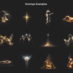 May include: A collection of digital art overlays with religious themes. The images include depictions of the Holy Family, a star, an angel, the baby Jesus, doves, the Three Wise Men, a manger scene, and a burning flame. The text "Overlays Examples" is at the top.