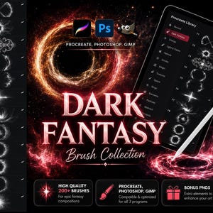 Dark Fantasy Brushes Bundle, 200+ Magic PNGs, Procreate, Photoshop (Digital Download)