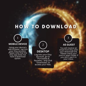 May include: Graphic with instructions on how to download a digital product from Etsy. The text reads "HOW TO DOWNLOAD" with numbered steps for mobile devices, desktop, and guest users. The background has a dark gradient with blue and orange hues.