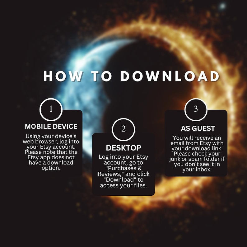 May include: Graphic with instructions on how to download a digital product from Etsy. The text reads "HOW TO DOWNLOAD" with numbered steps for mobile devices, desktop, and guest users. The background has a dark gradient with blue and orange hues.