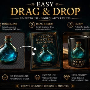 May include: A digital design resource featuring a potion bottle graphic with a glowing blue nebula effect. The image displays a step-by-step guide for using the PNG file on a book titled Potion Maker's Handbook and a black mug labeled Potion Master.