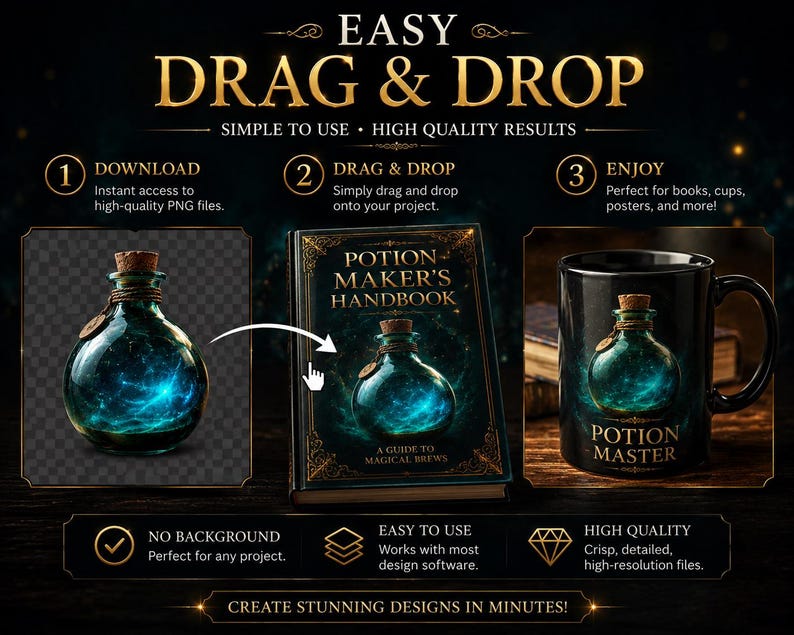 May include: A digital design resource featuring a potion bottle graphic with a glowing blue nebula effect. The image displays a step-by-step guide for using the PNG file on a book titled Potion Maker's Handbook and a black mug labeled Potion Master.