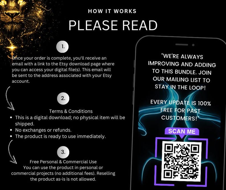 May include: Black graphic with text "HOW IT WORKS PLEASE READ" and instructions for digital downloads. Includes a smartphone graphic with a QR code and the text "WE'RE ALWAYS IMPROVING AND ADDING TO THIS BUNDLE. JOIN OUR MAILING LIST TO STAY IN THE LOOP!"