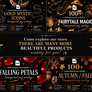 May include: A digital collection of graphic design assets featuring gold mystical icons, fairytale magic elements, falling red petals, and autumn foliage. Each set includes high-resolution transparent PNG overlays with text labels indicating 100+ or 150+ items.