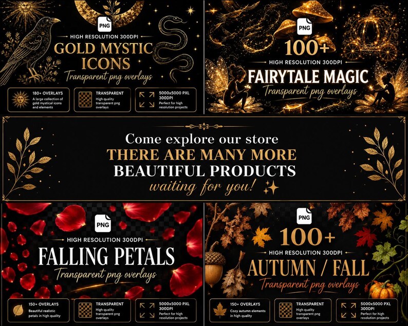 May include: A digital collection of graphic design assets featuring gold mystical icons, fairytale magic elements, falling red petals, and autumn foliage. Each set includes high-resolution transparent PNG overlays with text labels indicating 100+ or 150+ items.