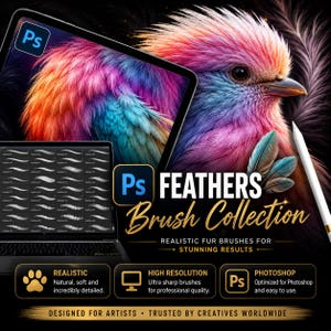 以下が含まれることがあります： Adobe Photoshop用のデジタルブラシコレクション。鮮やかな多色の鳥のイラストが特徴です。画面には羽のブラシプリセットのグリッド、白いスタイラスペン、および「Ps FEATHERS Brush Collection, Realistic Fur Brushes」というテキストが表示されています。