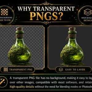 May include: A digital graphic titled WHY TRANSPARENT PNGS? featuring two side-by-side displays of a green glass bottle filled with moss and liquid, topped with a cork. The text explains the benefits of transparent PNG files for layering.