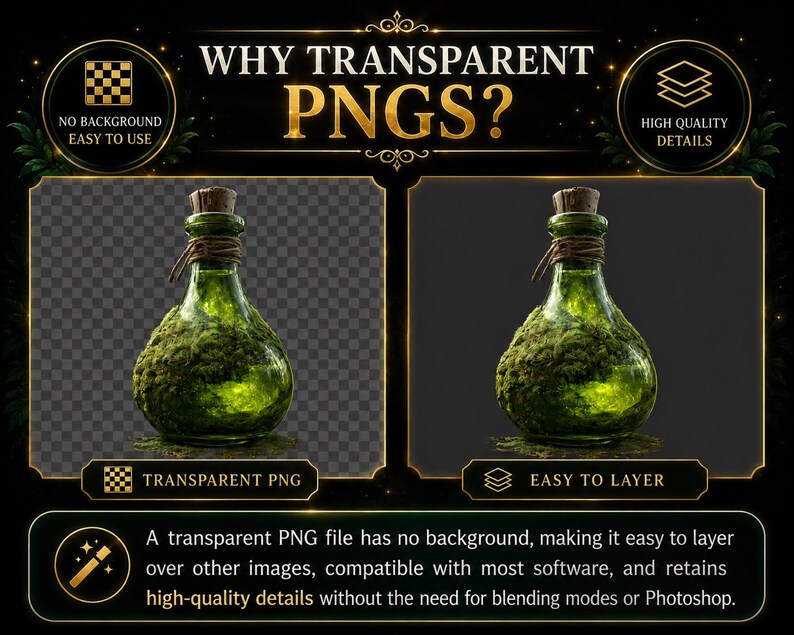 May include: A digital graphic titled WHY TRANSPARENT PNGS? featuring two side-by-side displays of a green glass bottle filled with moss and liquid, topped with a cork. The text explains the benefits of transparent PNG files for layering.