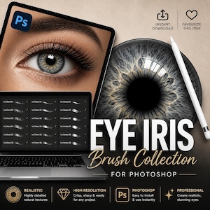 Könnte beinhalten: Eine digitale Pinselkollektion für Photoshop mit dem Titel EYE IRIS Brush Collection, bestehend aus einem Laptop-Bildschirm mit Iris-Texturoptionen, einer großen Grafik einer grauen menschlichen Augeniris und einem weißen Eingabestift.