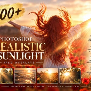 Plus de 100 superpositions Photoshop Soleil et Lumière du soleil : Effets de lumière réalistes (Téléchargement numérique)
