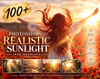 May include: A digital collection of 100+ Photoshop realistic sunlight JPEG overlays featuring text that reads 100+ PHOTOSHOP REALISTIC SUNLIGHT JPEG OVERLAYS, NATURAL SUNLIGHT, LENS FLARES & GLOW, BOKEH & LIGHT LEAKS, and GOLDEN HOUR EFFECTS.