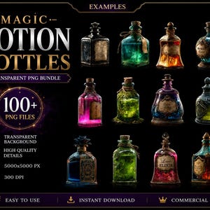 May include: A digital bundle of 100+ magic potion bottles in transparent PNG format. The collection features various glass bottles with colorful liquids, aged labels, and ornate stoppers, presented in a grid against a dark background.