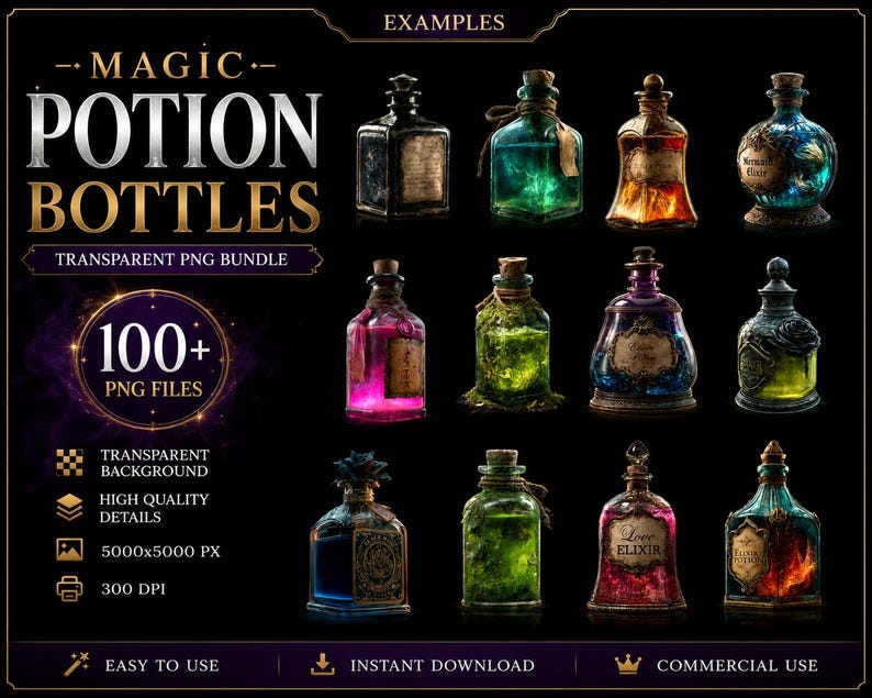 May include: A digital bundle of 100+ magic potion bottles in transparent PNG format. The collection features various glass bottles with colorful liquids, aged labels, and ornate stoppers, presented in a grid against a dark background.