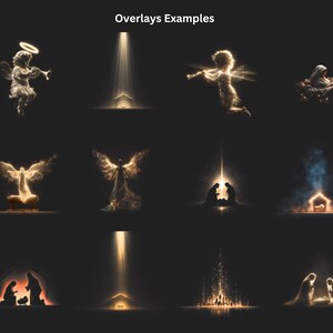 May include: A collection of digital art overlays with a religious theme. The images feature angels, nativity scenes, and light beams, all rendered in shades of gold and white against a dark background. Text at the top reads "Overlays Examples."