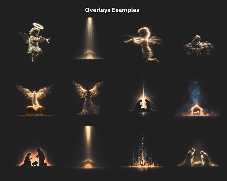 May include: A collection of digital art overlays with a religious theme. The images feature angels, nativity scenes, and light beams, all rendered in shades of gold and white against a dark background. Text at the top reads "Overlays Examples."