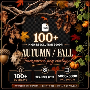 Autumn PNG Overlays: Fall Leaves, Pumpkin & Acorn Clipart (Digital Download)