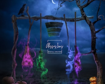 Halloween witch Backdrop Photography Composite, Witch Broom Digital Background, spooky moon Halloween Photo Template for Photoshop Enchanted