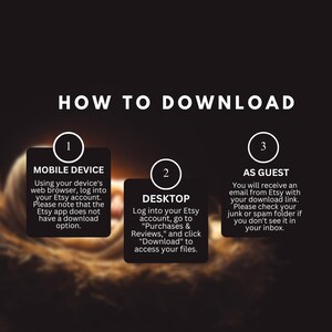 May include: A graphic with the text "HOW TO DOWNLOAD" in white on a dark background. It provides instructions for downloading files from Etsy on mobile devices, desktops, and as a guest, with numbered steps and concise explanations.