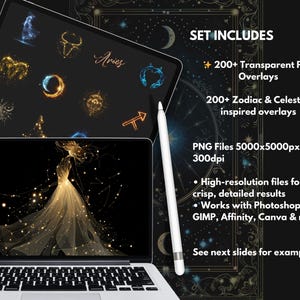 May include: A laptop and tablet display celestial-themed graphics, including zodiac signs and a woman in a flowing gown. The text reads "SET INCLUDES" and lists features like transparent PNG overlays and high-resolution files.