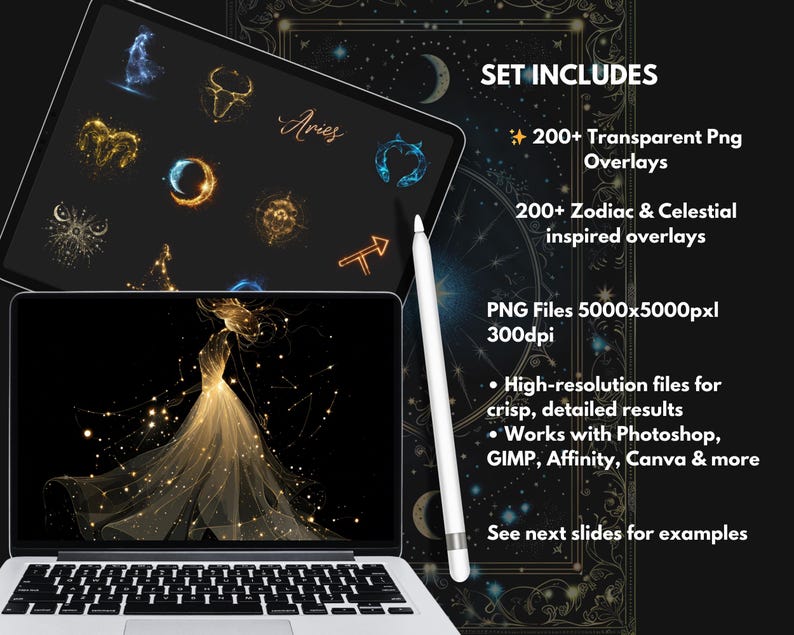 May include: A laptop and tablet display celestial-themed graphics, including zodiac signs and a woman in a flowing gown. The text reads "SET INCLUDES" and lists features like transparent PNG overlays and high-resolution files.