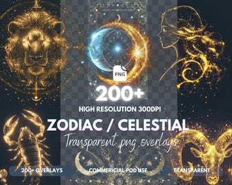 May include: Digital art featuring golden zodiac and celestial designs. Includes a lion, scorpion, ram, and a woman's silhouette, along with a crescent moon and stars. The text reads "200+ Zodiac / Celestial Transparent png overlays".