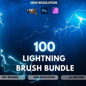 May include: A digital art graphic with a blue background and white lightning bolts. The text reads "100 LIGHTNING BRUSH BUNDLE" with additional text indicating "100+ BRUSHES", "HIGH RESOLUTION", and ".abr BRUSHES". Logos for GIMP, Photoshop, and Affinity are also present.