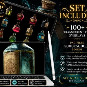May include: A digital product set featuring 100+ transparent PNG magical potion bottle overlays. The display shows a tablet and laptop screen with various colorful potion bottles, a white stylus, and text detailing 5000x5000pxl and 300DPI resolution.