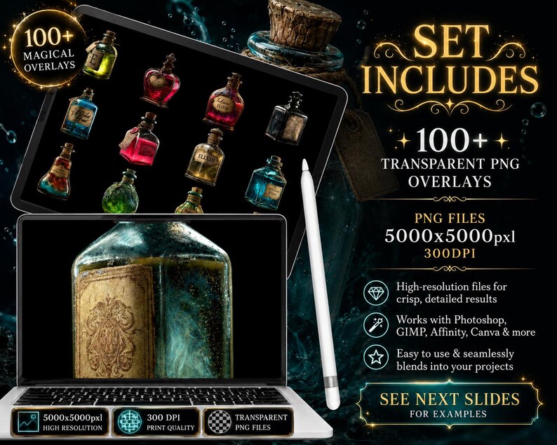 May include: A digital product set featuring 100+ transparent PNG magical potion bottle overlays. The display shows a tablet and laptop screen with various colorful potion bottles, a white stylus, and text detailing 5000x5000pxl and 300DPI resolution.