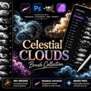 200+ Celestial Cloud Stamps for Procreate & Photoshop | Celestial Magic Procreate Stamp Brushes: Glow Effects | Bonus png files to match