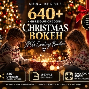 May include: A digital product bundle featuring 640+ high-resolution 300DPI Christmas bokeh JPEG overlays. The graphic includes text stating Mega Bundle, Christmas Bokeh, JPEG Overlays Bundle, 640+ Overlays, JPEG File, and 5000x5000 PXL 300DPI.