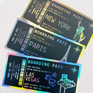 Personalisierte schwarz folierte Urlaub offenbaren Ticket | Bordkarte | Überraschungsreise