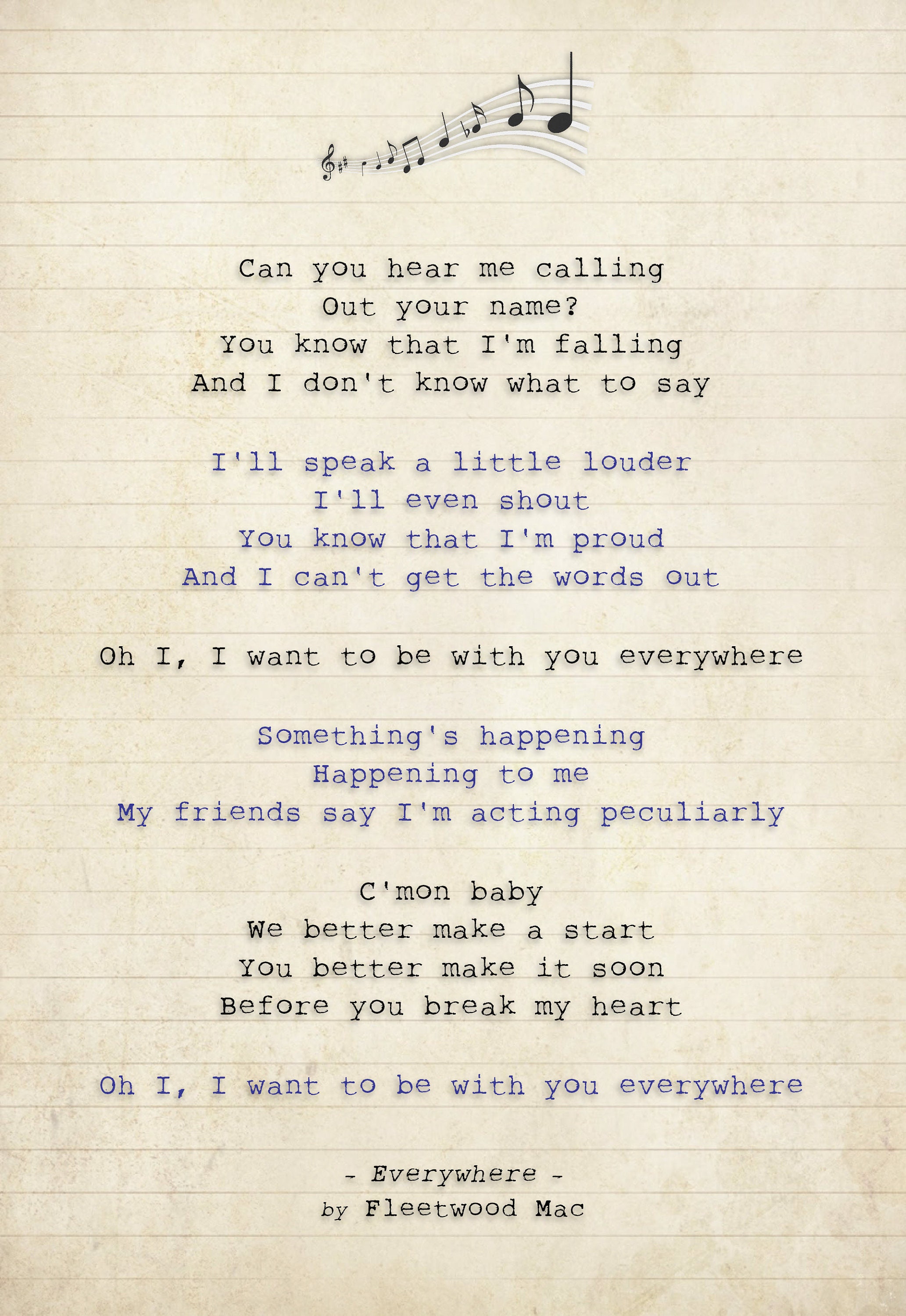 Fleetwood Mac Everywhere Song Lyric Art Poster Print Etsy