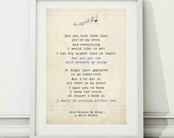 Bette Midler - Wind Beneath My Wings - Song Lyric Art Poster Print - Sizes A4 A3