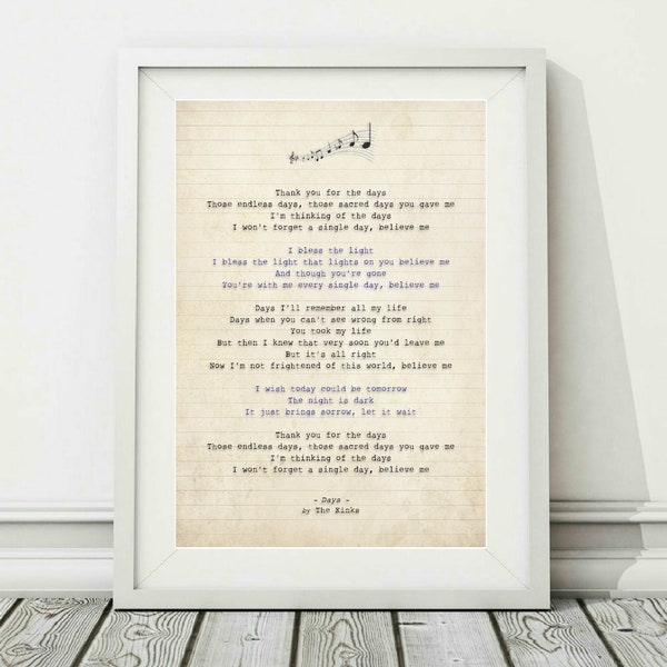 The Kinks - Days - Song Lyric Art Poster Print - Sizes A4 A3