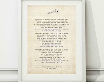 Billy Joel - Lullabye (Goodnight, My Angel) - PRINTABLE Song Lyric Art Poster Print - Instant Digital Download