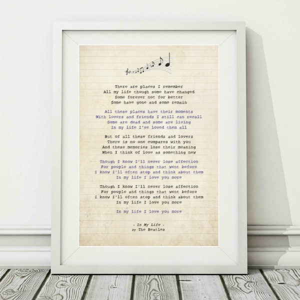 The Beatles - In My Life - PRINTABLE Song Lyric Art Poster Print - Instant Digital Download