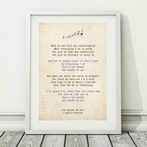 Elvis Presley - The Wonder Of You - PRINTABLE Song Lyric Art Poster Print - Instant Digital Download
