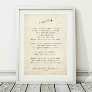 U2 - Where The Streets Have No Name - Song Lyric Art Poster Print - Sizes A4 A3