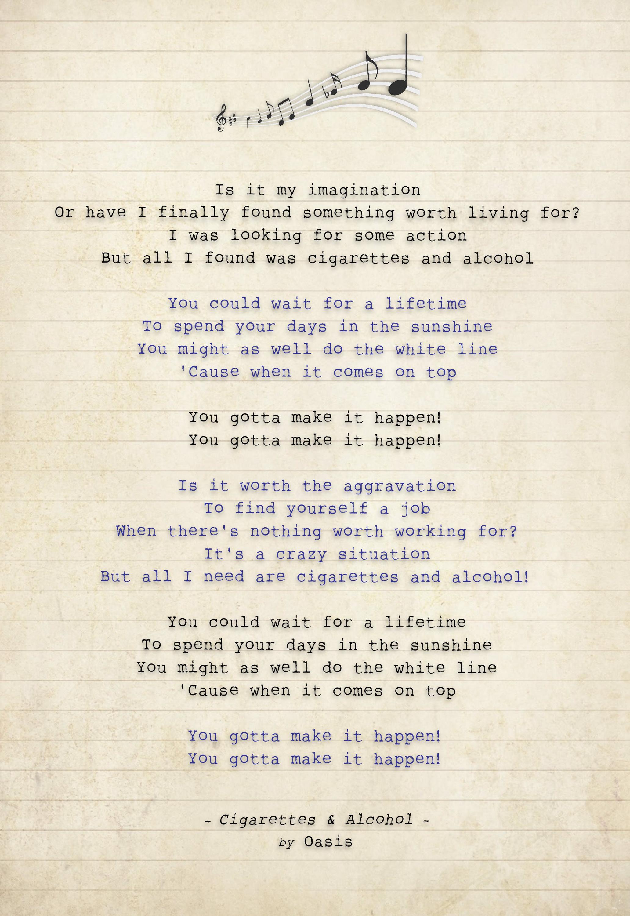Cigarettes & Alcohol - Song Lyric Art Poster Print - Sizes A4 A3