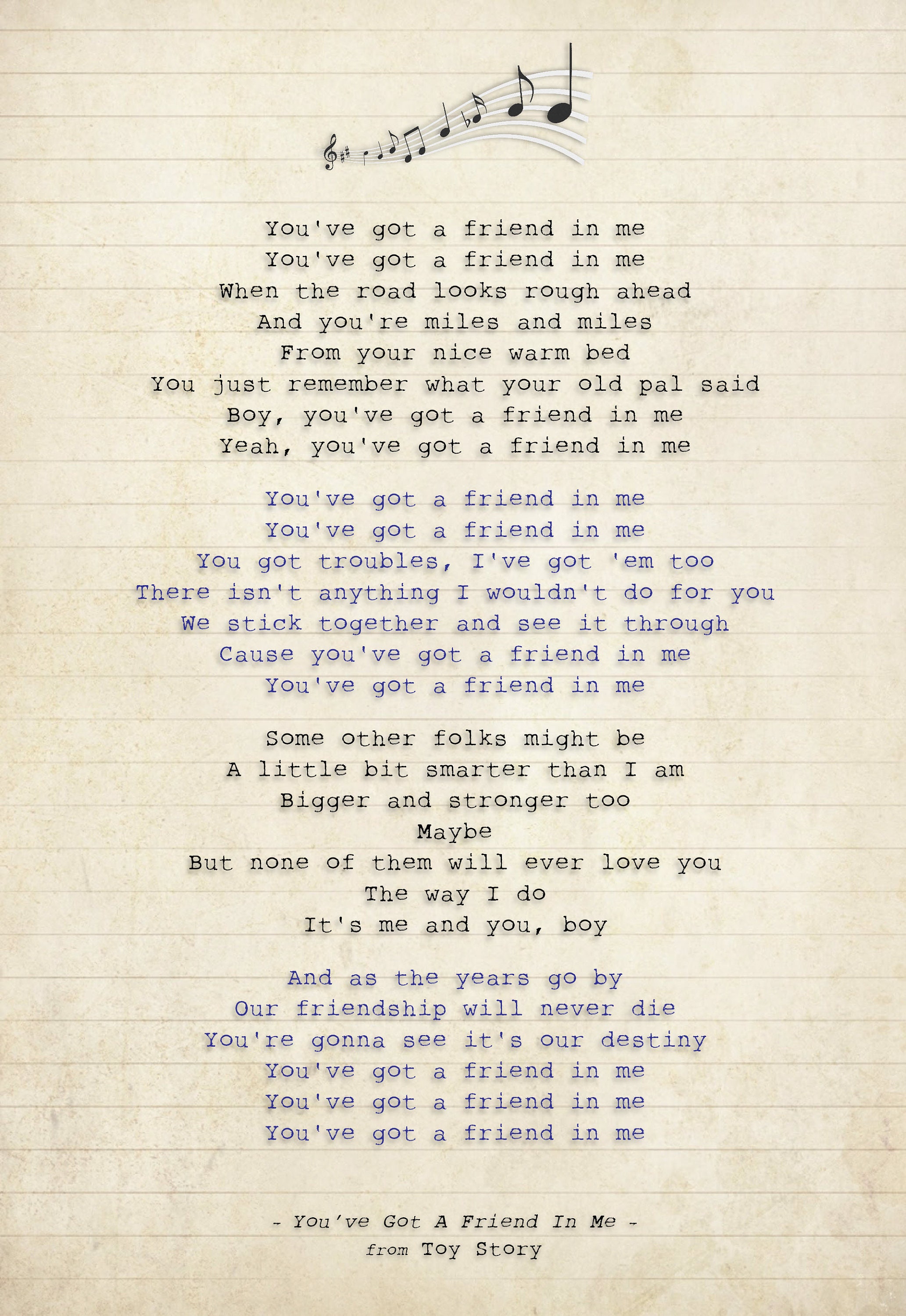 Toy Story - You've Got A Friend in Me - Song Lyric Art Poster Print ...