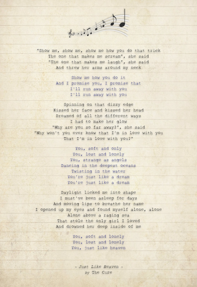 The Cure Just Like Heaven Song Lyric Art Poster Print Sizes A4 A3 Etsy