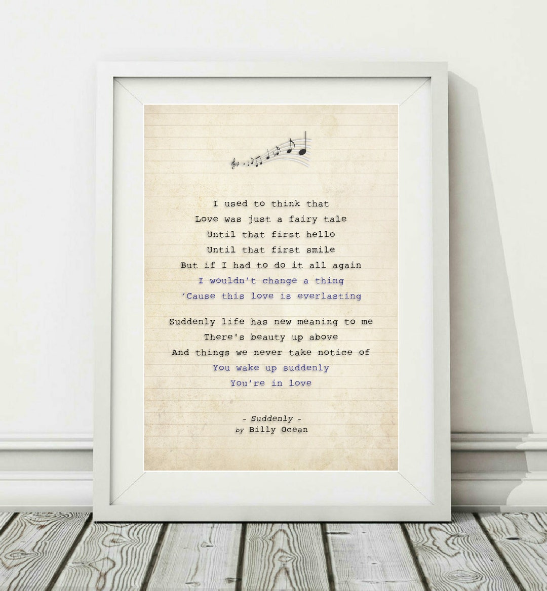 Billy Ocean Suddenly Printable Song Lyric Art Poster Print