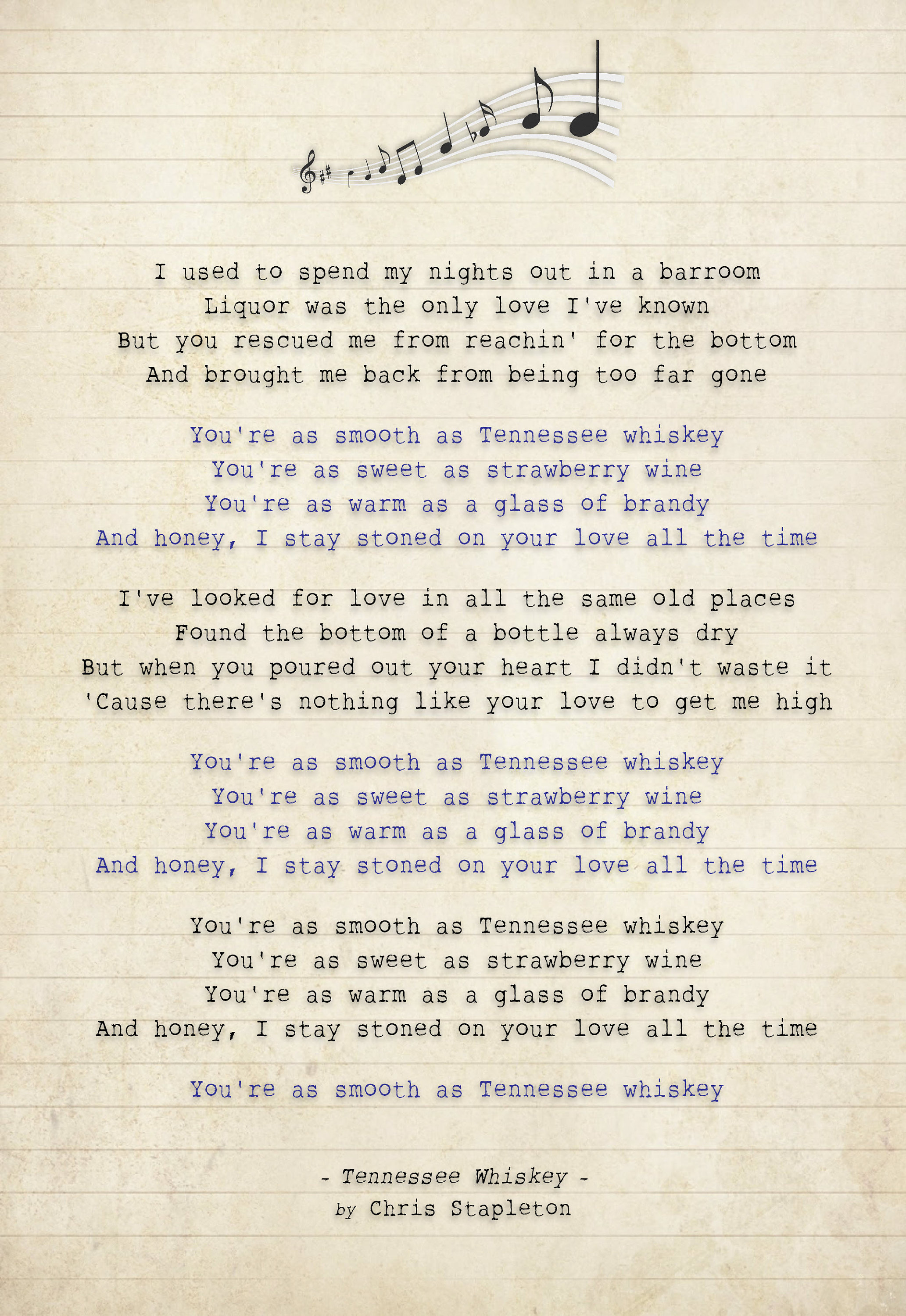 Chris Stapleton - Tennessee Whiskey - Song Lyric Art Poster Print - Sizes A4 A3
