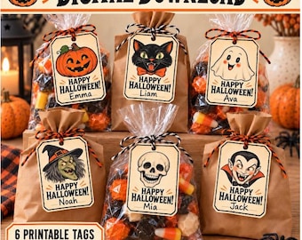 Printable Halloween Treat Bag Tags, Vintage Favor Tags, Kids Classroom Party, Instant Digital Download