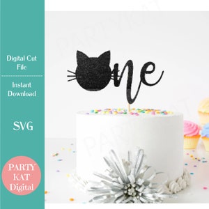Cat One Cake Topper SVG File - 1st Birthday SVG - Cat chemise de fête sur le thème - Cat Birthday Decor