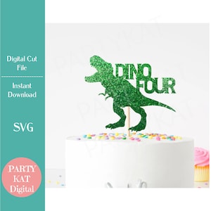 Dino Vier Dinosaurier SVG-Datei - 4. Geburtstag SVG - Dinosaurier SVG - Geburtstag Party Design - Cake Topper, Geburtstag Shirt