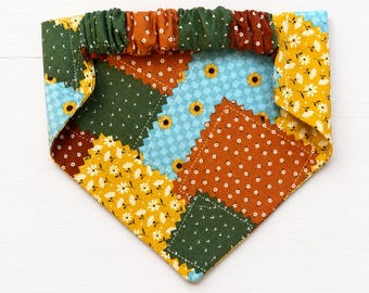 Patchwork Dog Bandana, Handmade Slip On Pet Scarf, Scrunchie Neck Bandana, Cotton Dog Accessory